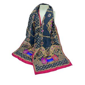 Adrienne Landau Silk Scarf Colorful Jewels and Chains Design Rectangular Shaped